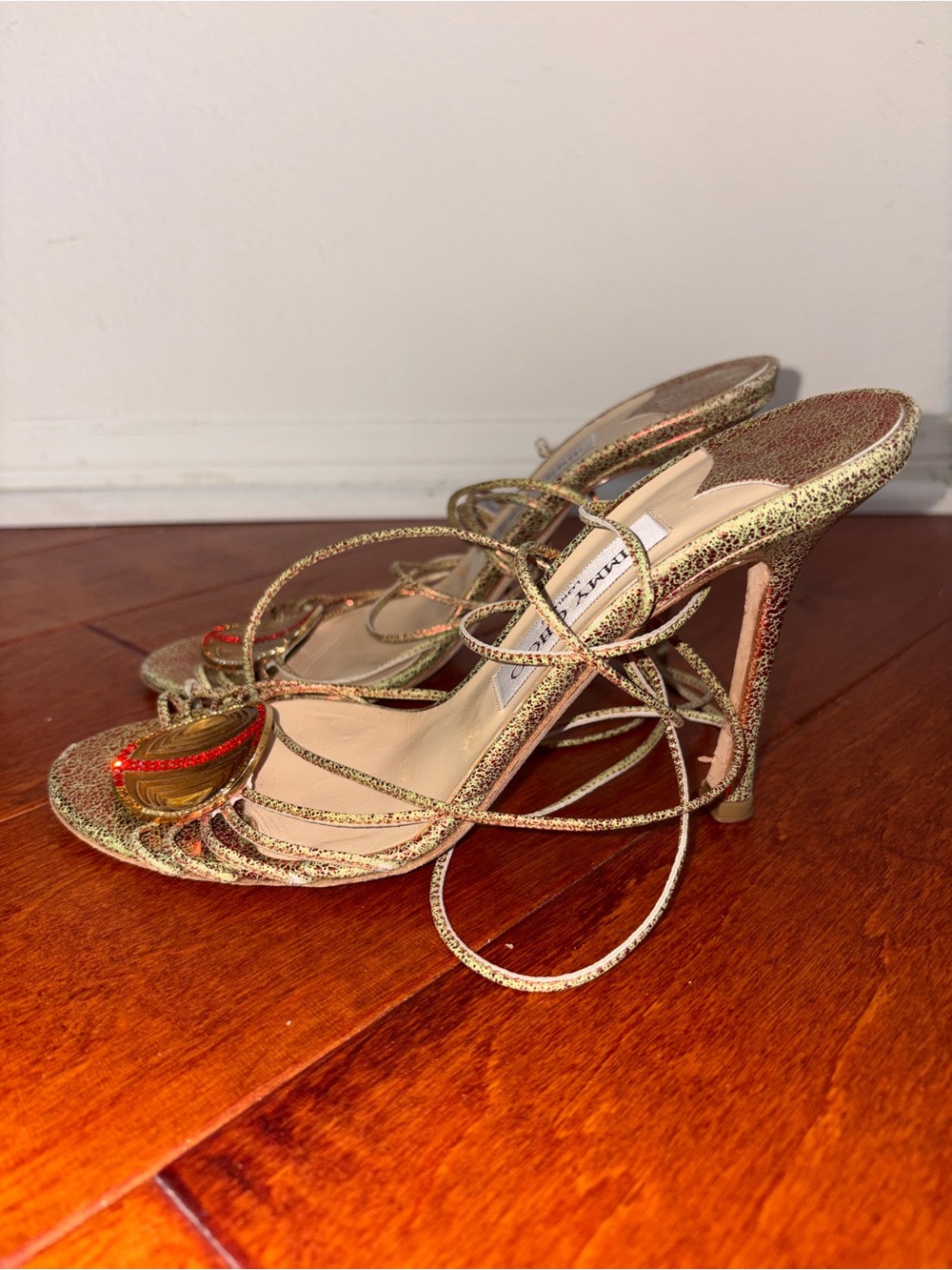 JIMMY CHOO Gold Embellished Metallic Strappy Lace Up Sandals w/ Medallion - Picture 4 of 4